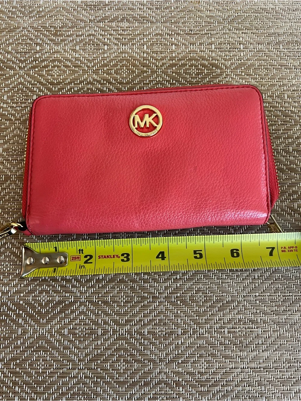 Michael Kors Fulton Pinkish Red Zip Around Leather Phone Case Wristlet Wallet